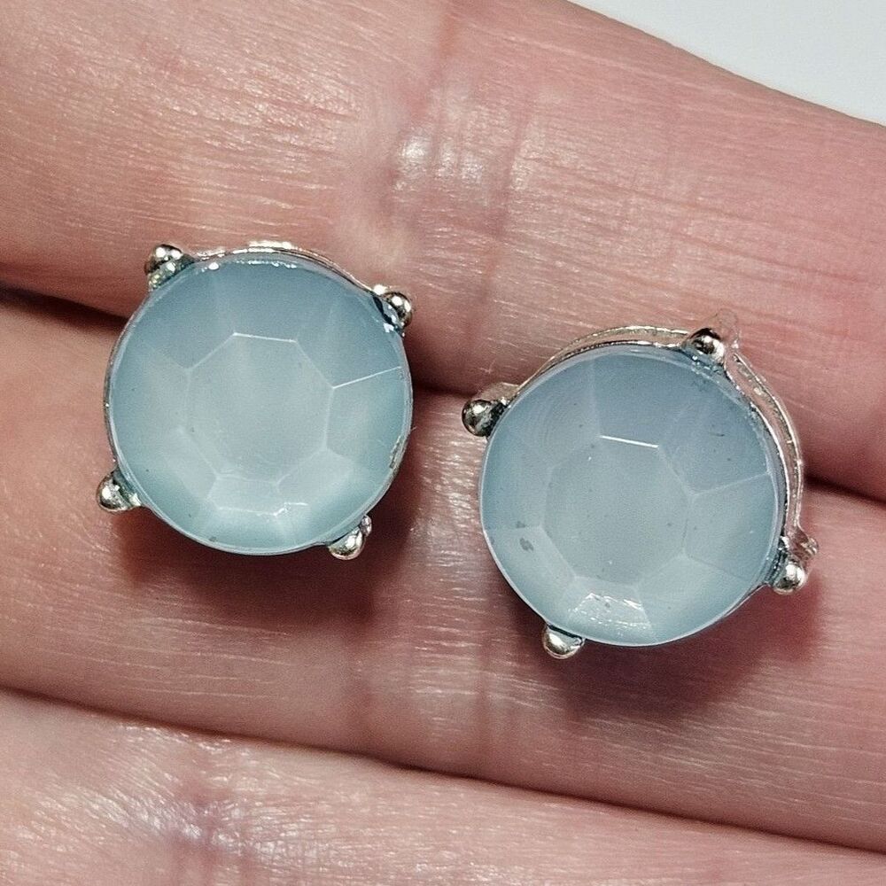 Silver Tone Large Pastel Blue Rhinestone Stud Earrings